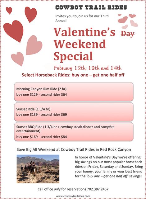 Explanation of the special Valentine's Day rides with special pricing at Cowboy Trail Rides